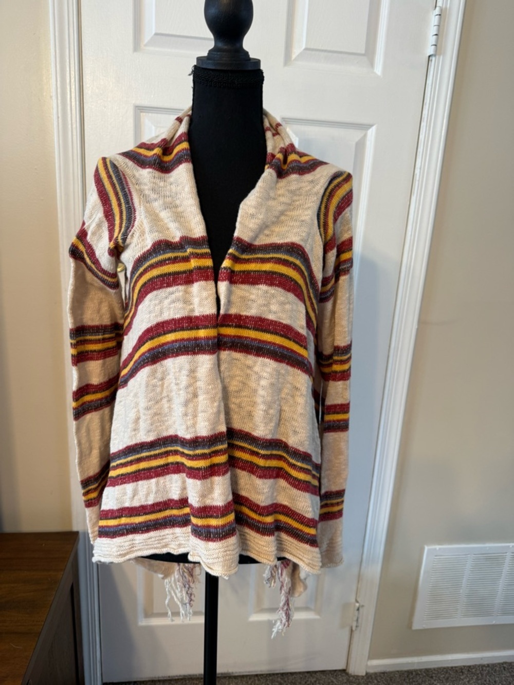 American Rag Cream Open-Front Cardigan with Red and Yellow Stripes
